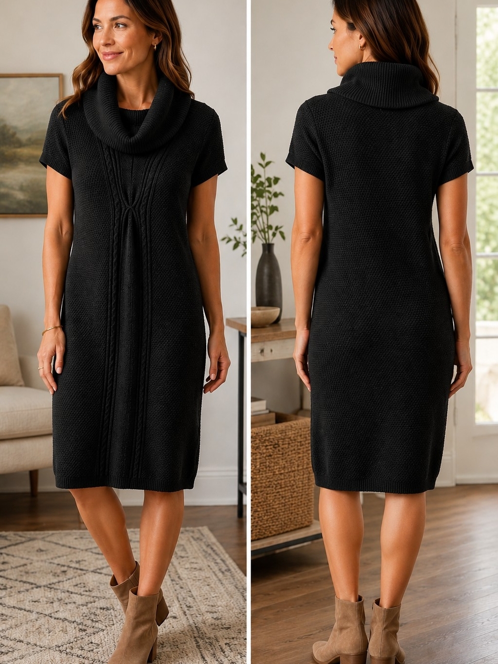 Black Cowl Neck Knit Sweater Dress